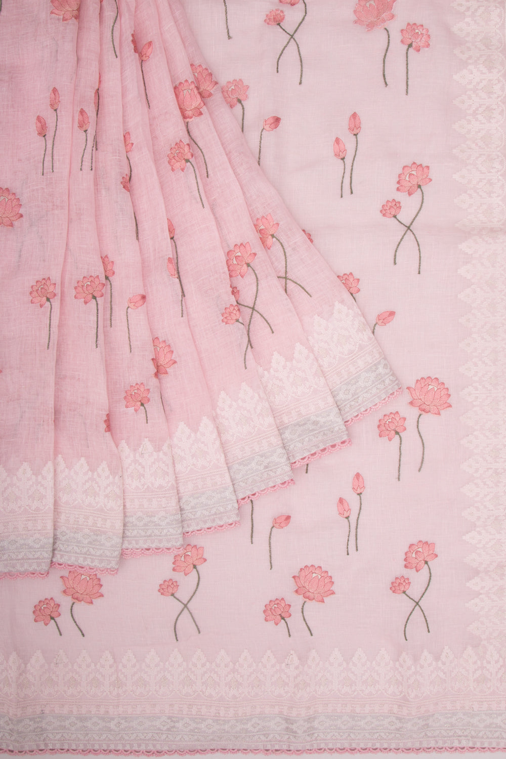 Pure Linen Embroidery Butta Pastel Pink Saree