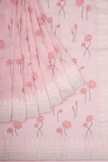 Pure Linen Embroidery Butta Pastel Pink Saree