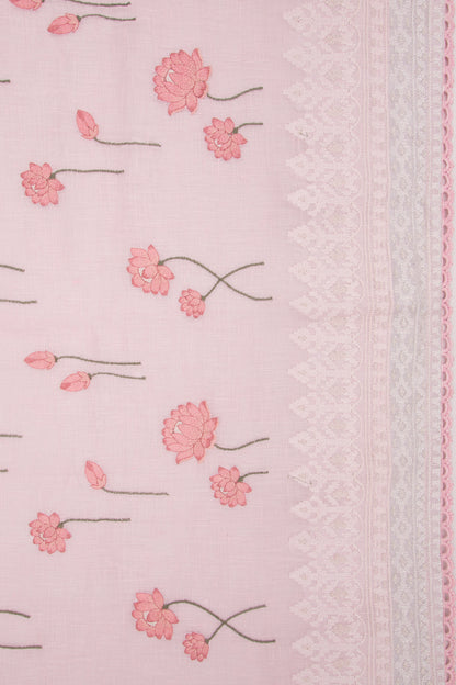 Pure Linen Embroidery Butta Pastel Pink Saree