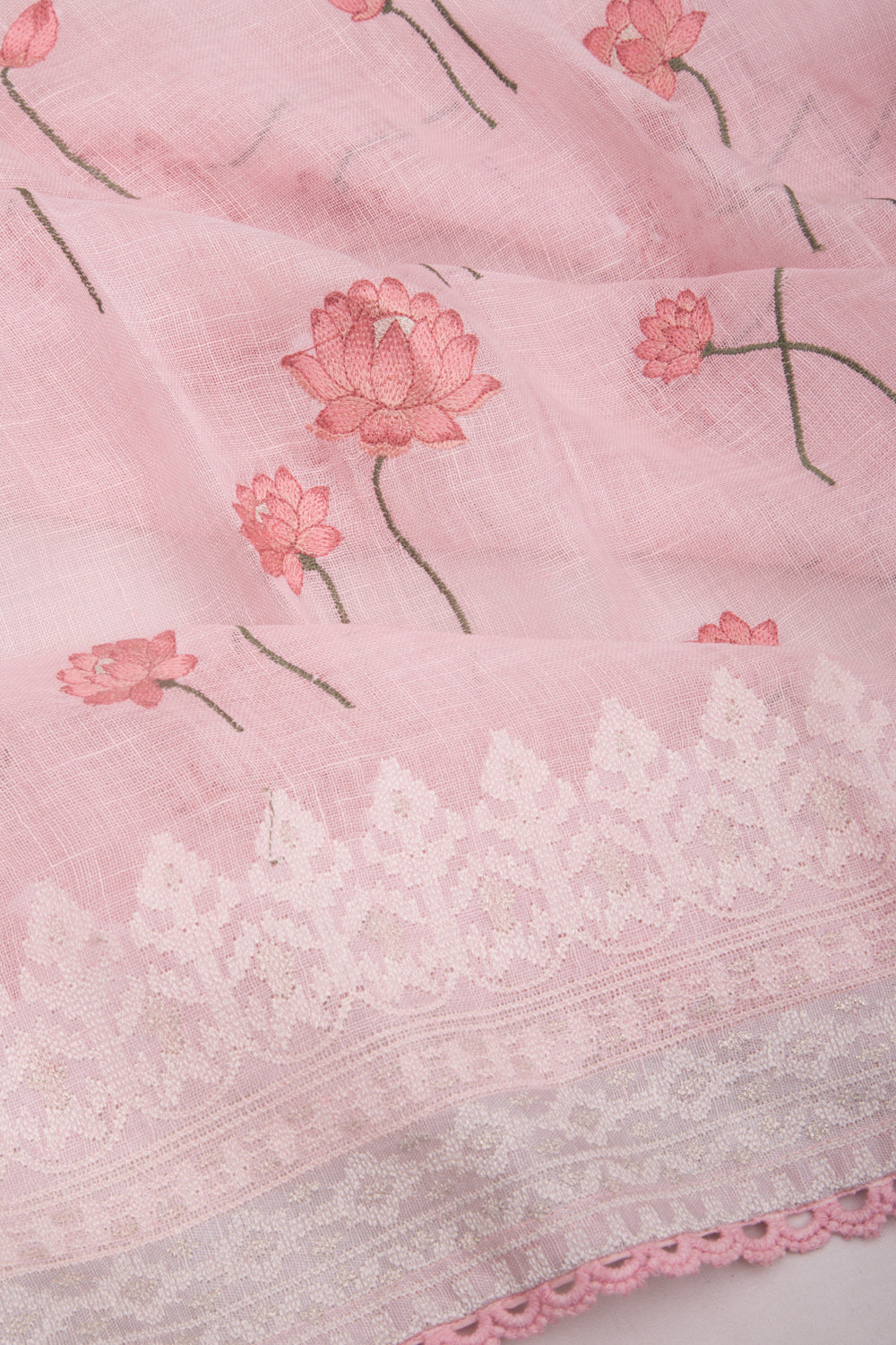 Pure Linen Embroidery Butta Pastel Pink Saree