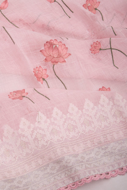 Pure Linen Embroidery Butta Pastel Pink Saree