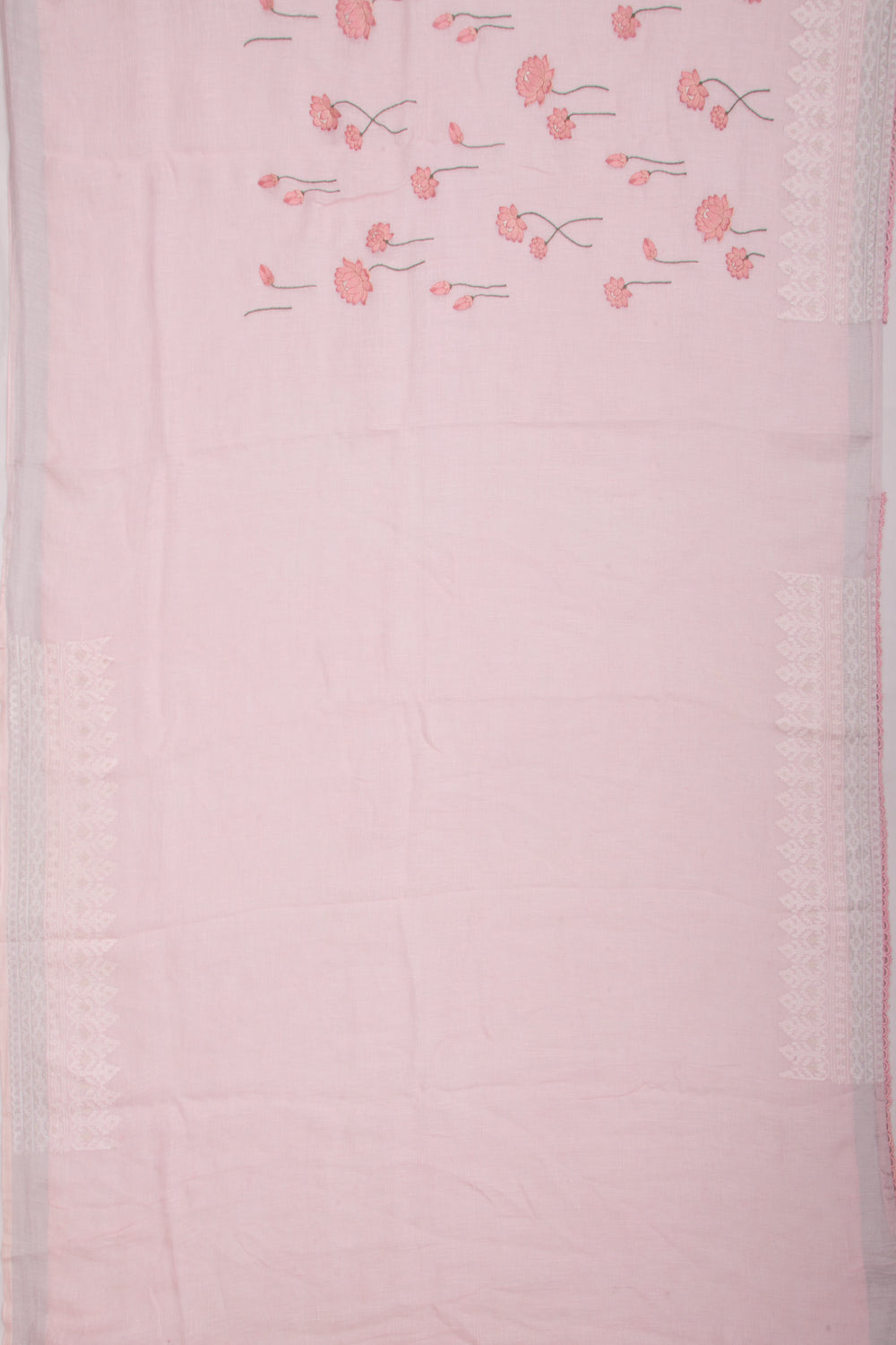 Pure Linen Embroidery Butta Pastel Pink Saree