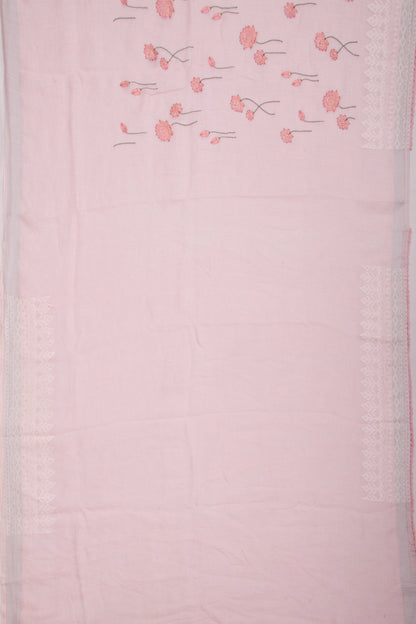Pure Linen Embroidery Butta Pastel Pink Saree