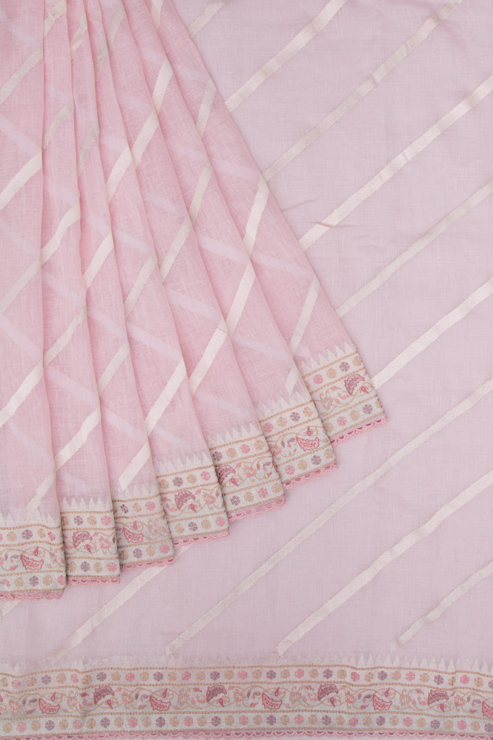 Pure Linen Diagonal Lines Pastel Pink Saree
