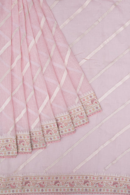 Pure Linen Diagonal Lines Pastel Pink Saree
