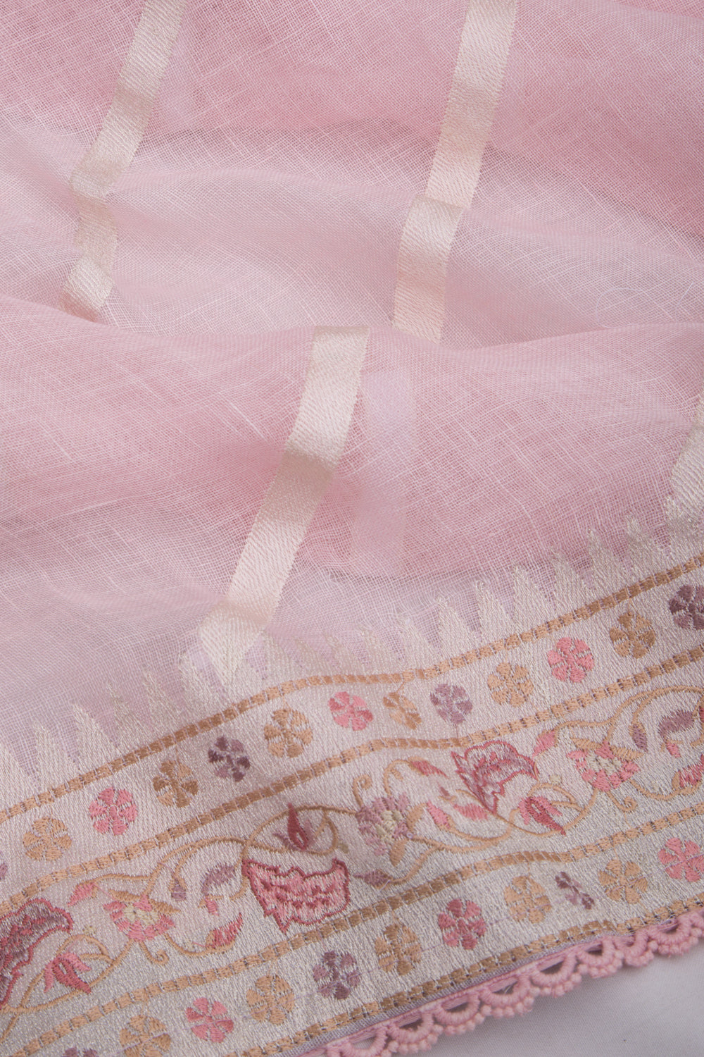 Pure Linen Diagonal Lines Pastel Pink Saree