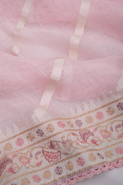 Pure Linen Diagonal Lines Pastel Pink Saree