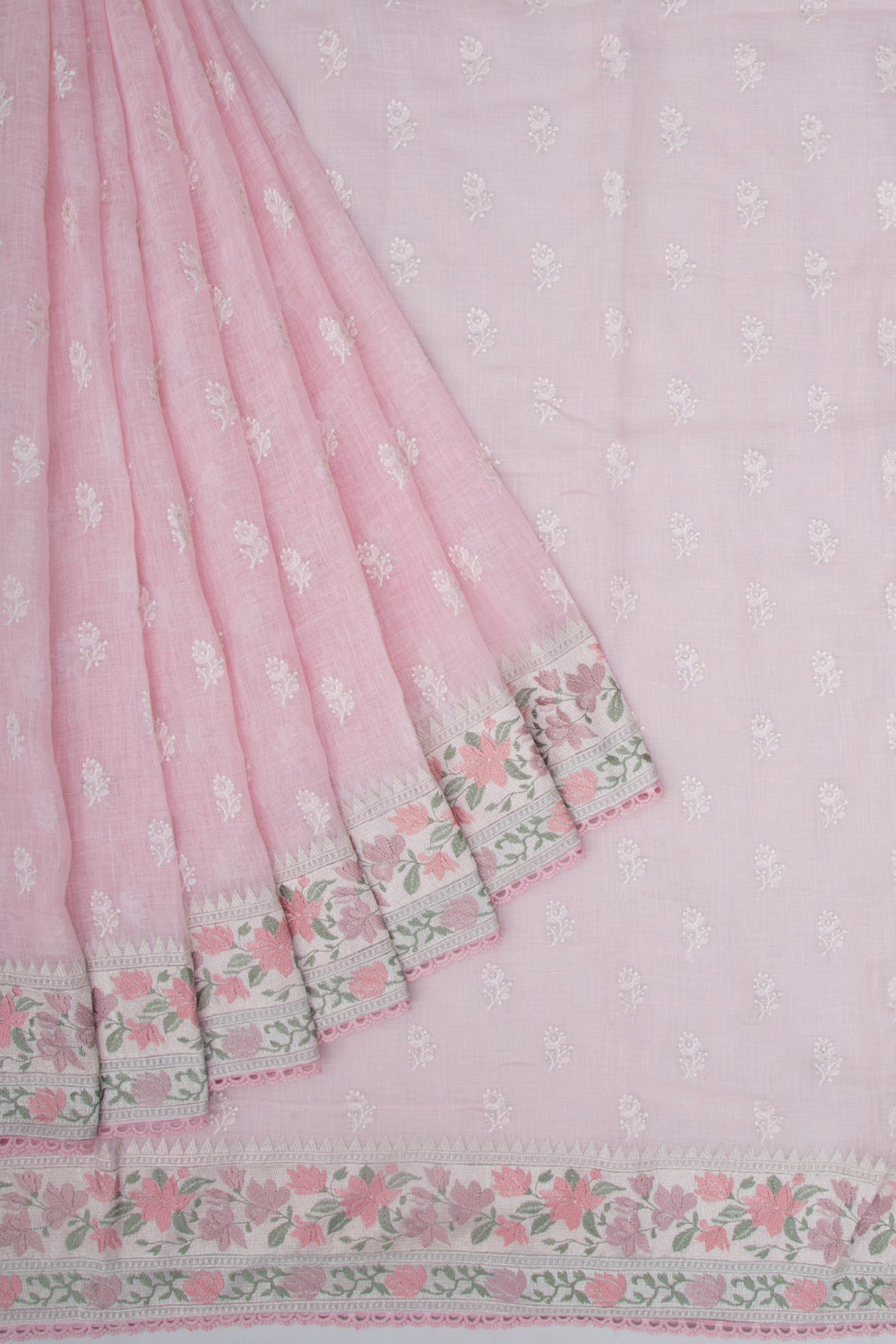 Pure Linen Embroidery Butta Pastel Pink Saree