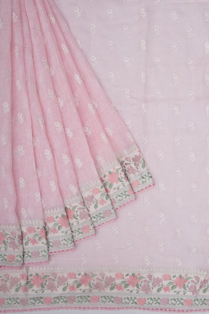 Pure Linen Embroidery Butta Pastel Pink Saree
