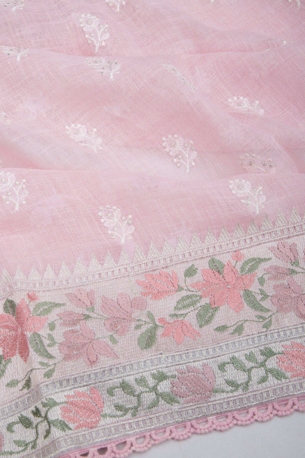 Pure Linen Embroidery Butta Pastel Pink Saree