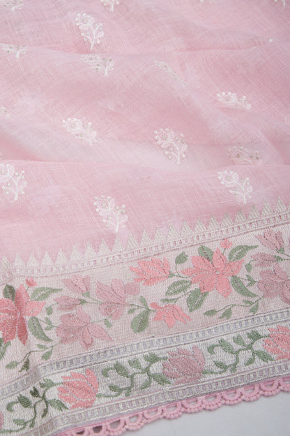 Pure Linen Embroidery Butta Pastel Pink Saree