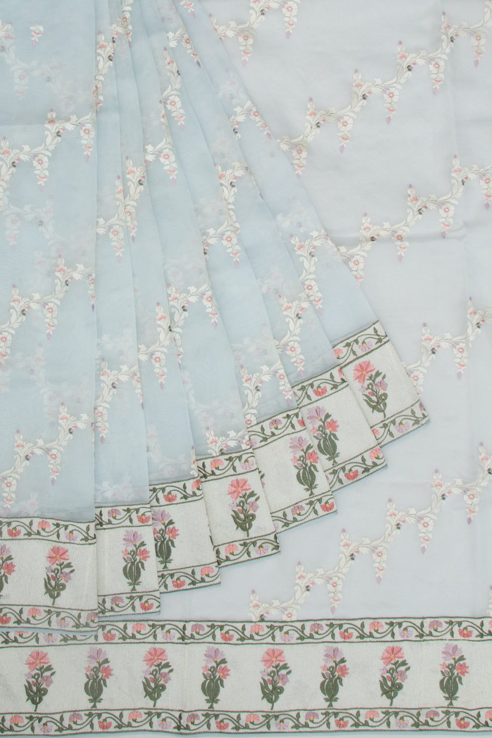 Organza Floral Embroidery Jaal Blue Saree