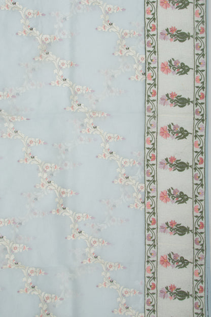 Organza Floral Embroidery Jaal Blue Saree