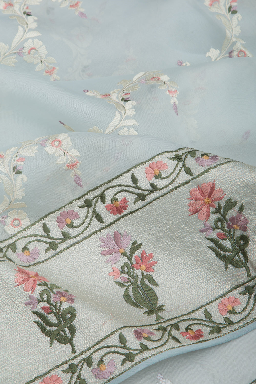 Organza Floral Embroidery Jaal Blue Saree