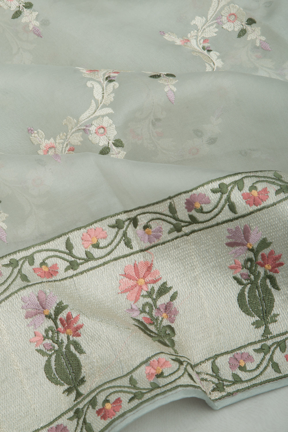 Organza Floral Embroidery Jaal Green Saree