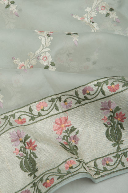 Organza Floral Embroidery Jaal Green Saree