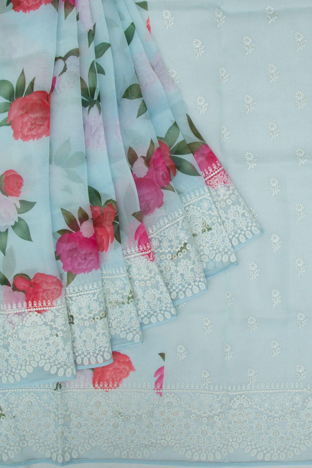 Organza Floral Printed Blue Saree