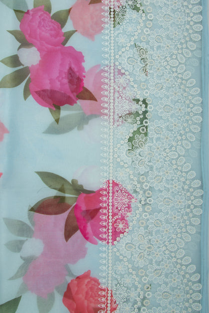 Organza Floral Printed Blue Saree