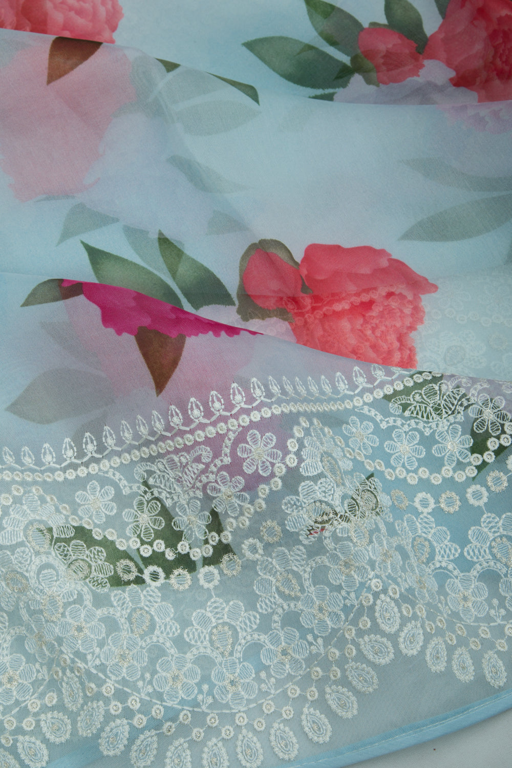 Organza Floral Printed Blue Saree