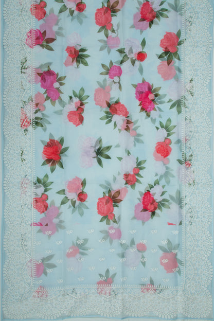 Organza Floral Printed Blue Saree