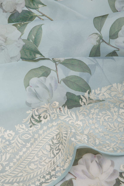 Organza Floral Printed Pastel Blue Saree