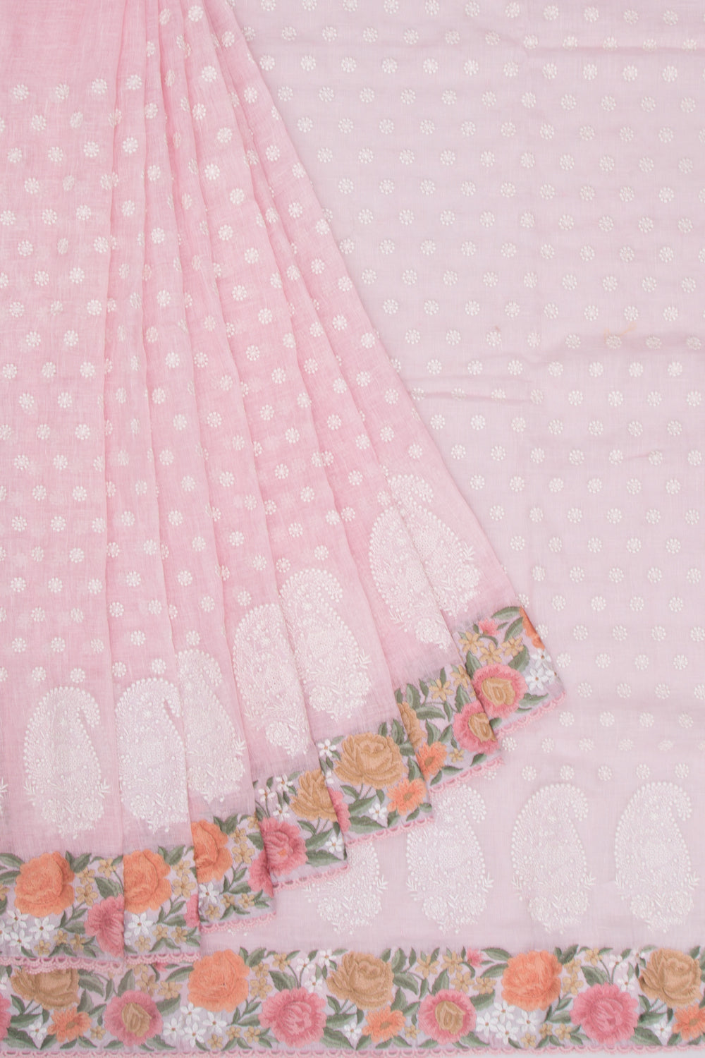 Pure Linen Embroidery Butta Pastel Pink Saree
