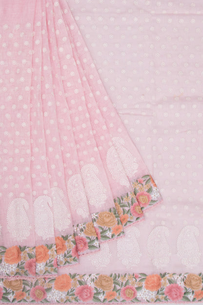 Pure Linen Embroidery Butta Pastel Pink Saree