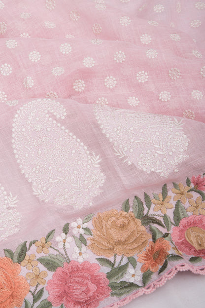 Pure Linen Embroidery Butta Pastel Pink Saree