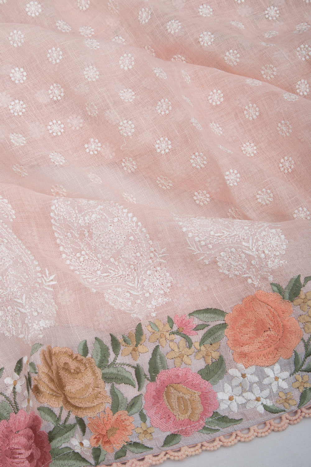 Pure Linen Embroidery Butta Pastel Orange Saree