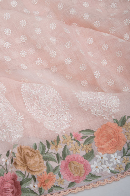Pure Linen Embroidery Butta Pastel Orange Saree