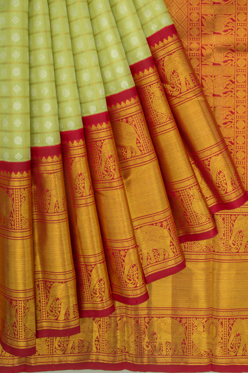 Kanchipuram Silk Checks And Butta Green Saree