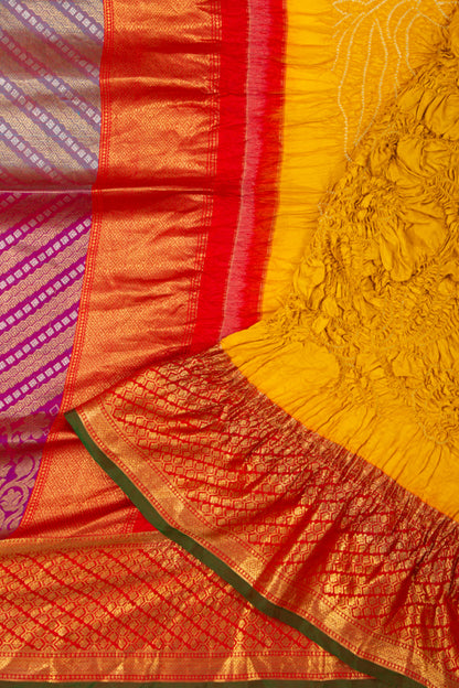 Kanchipuram Silk Bandhani Yellow Saree