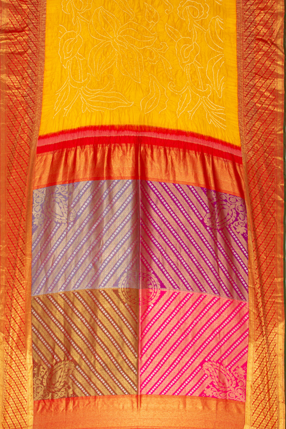 Kanchipuram Silk Bandhani Yellow Saree
