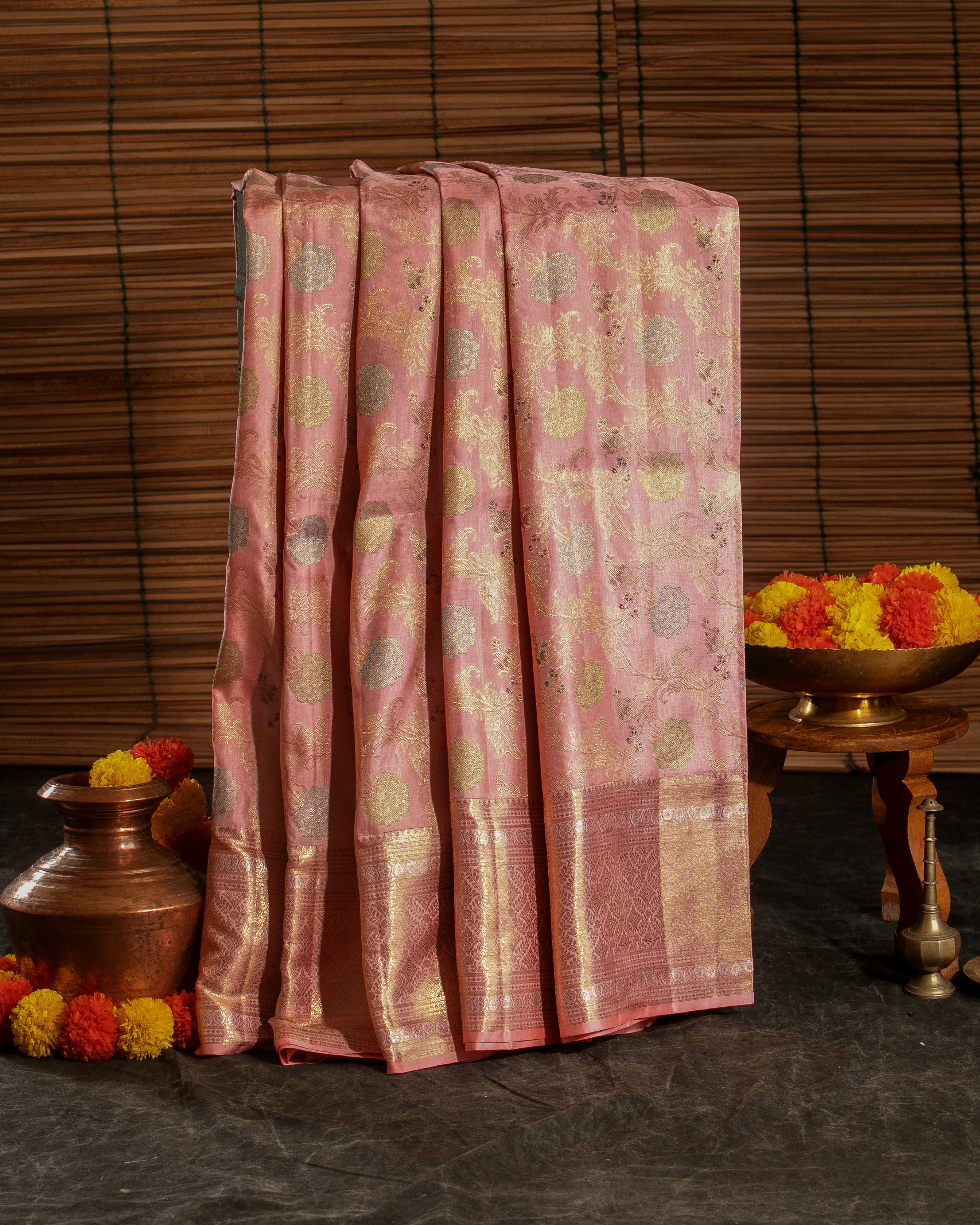 Kanchipuram Silk Jaal Baby Pink Saree