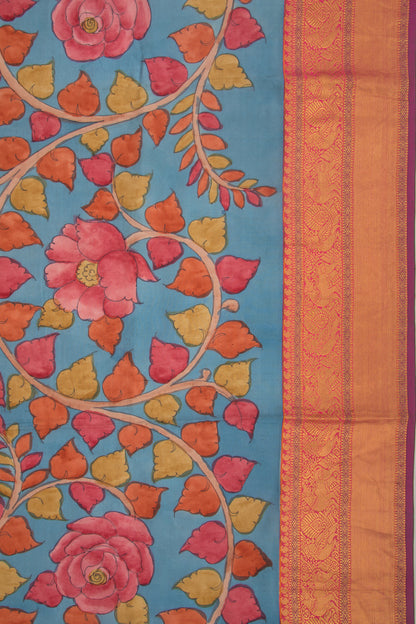Kanchipuram Silk Kalamkari Blue Saree