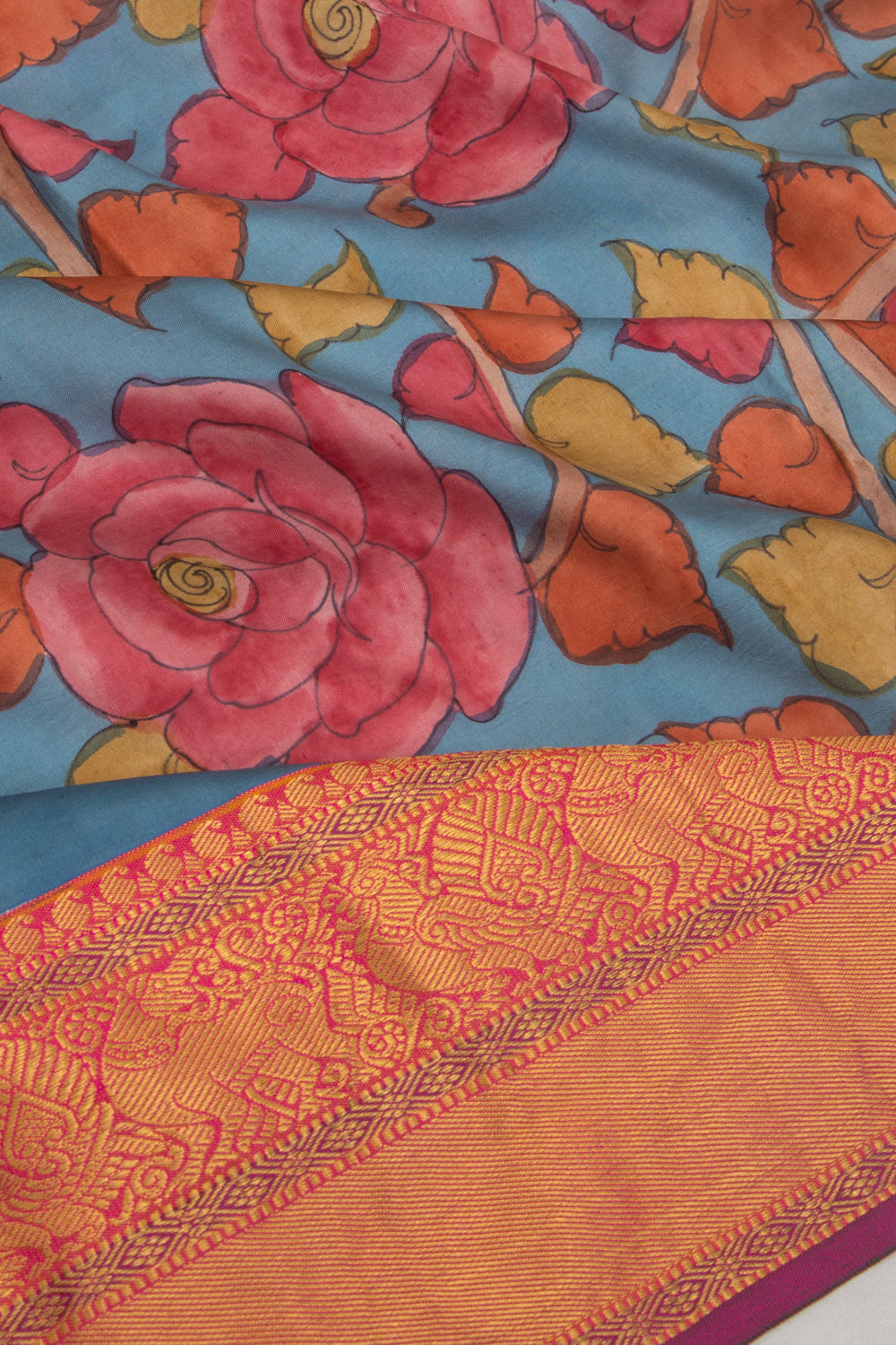Kanchipuram Silk Kalamkari Blue Saree