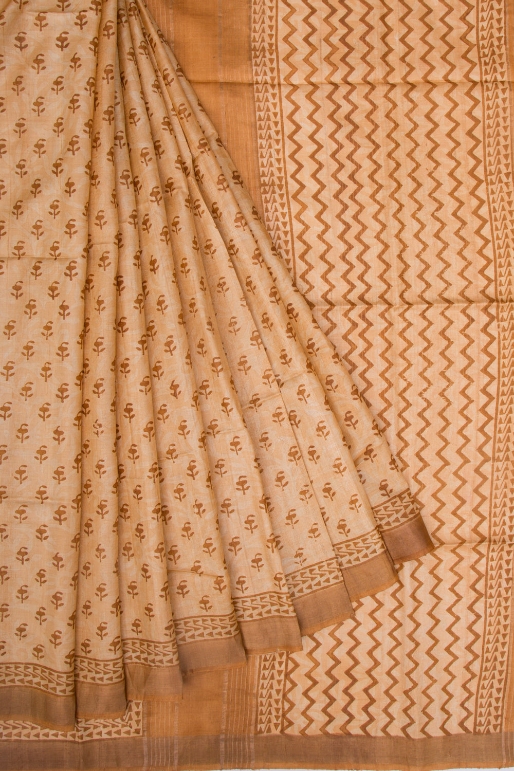 Tussar Block Printed Cream Saree