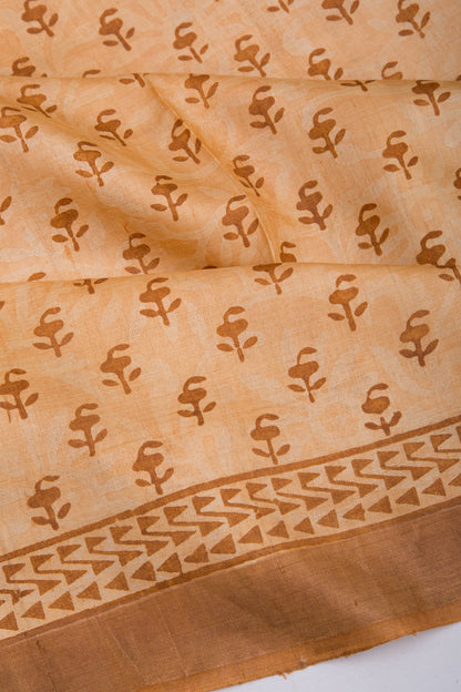 Tussar Block Printed Cream Saree