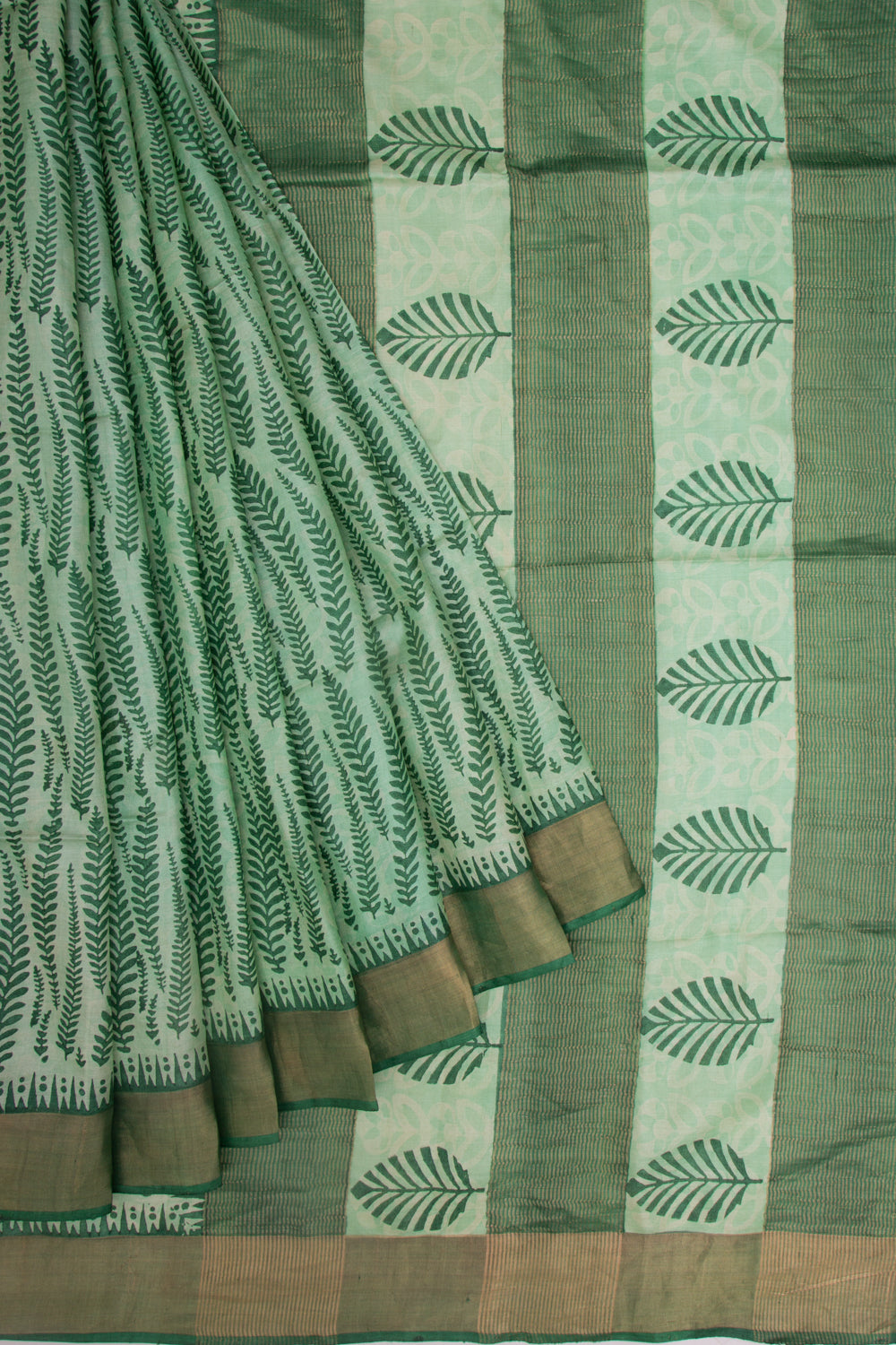Tussar Block Printed Pastel Green Saree