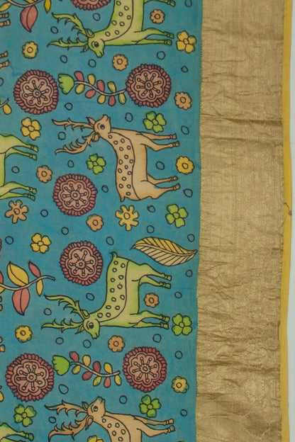 Kanchipuram Silk Kalamkari Blue Saree