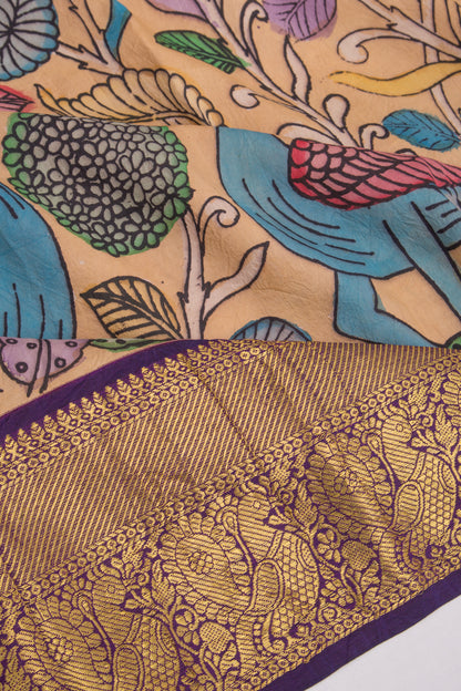 Kanchipuram Silk Kalamkari Cream Saree