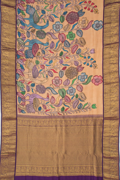 Kanchipuram Silk Kalamkari Cream Saree