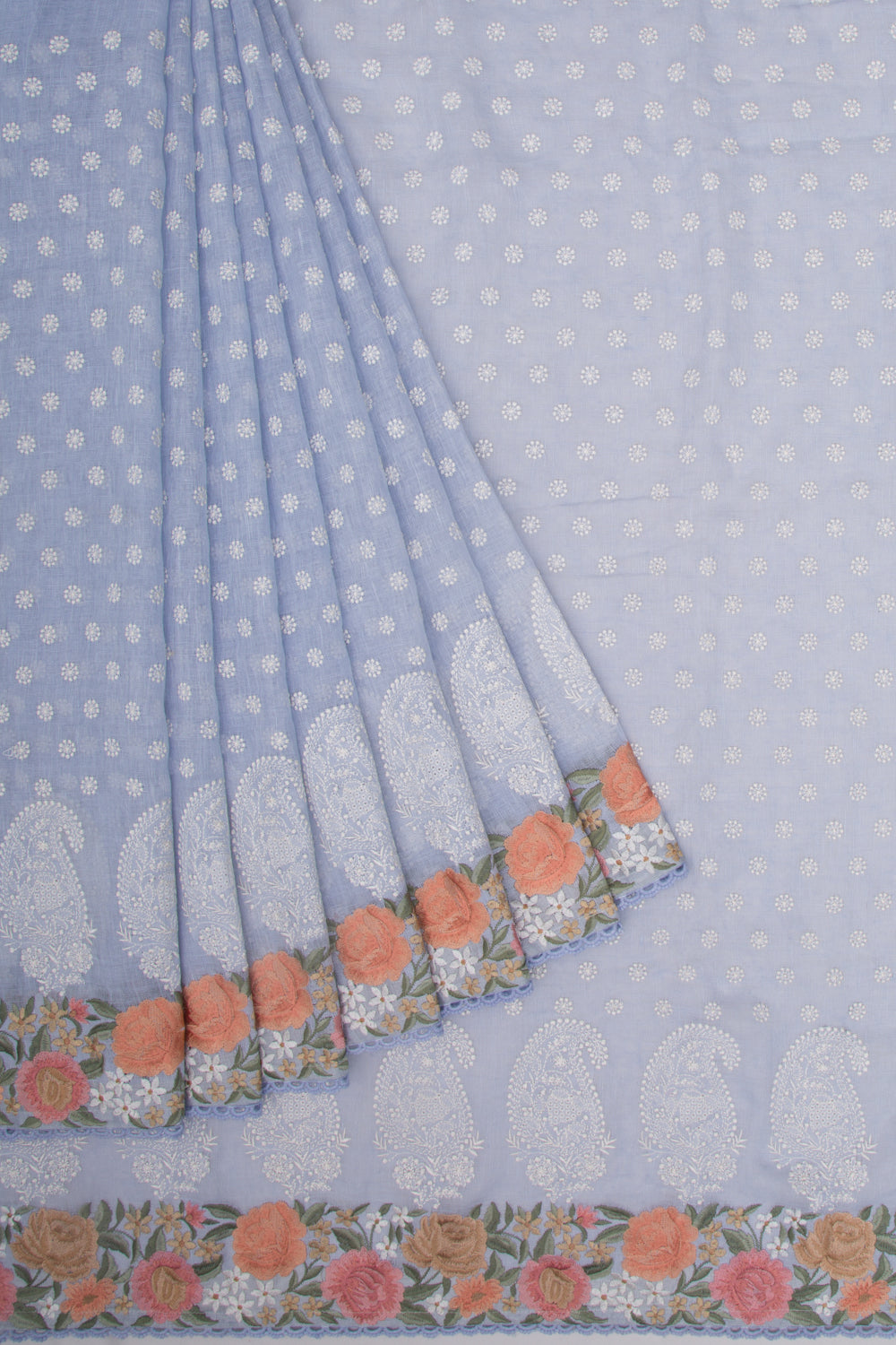Pure Linen Embroidery Butta Pastel Blue Saree