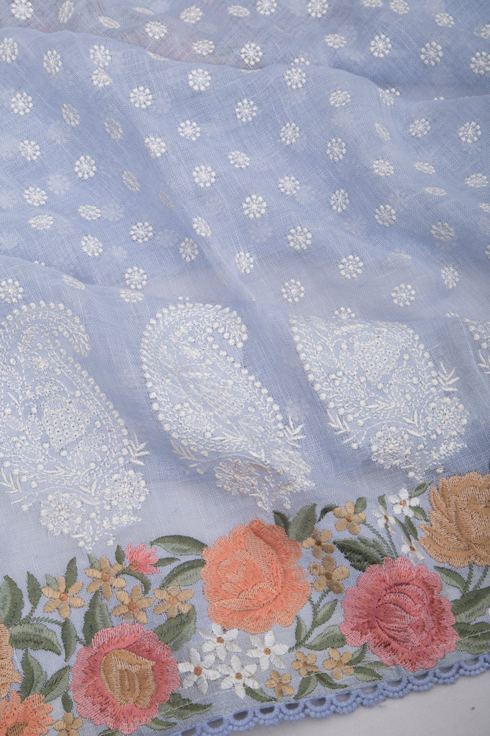 Pure Linen Embroidery Butta Pastel Blue Saree