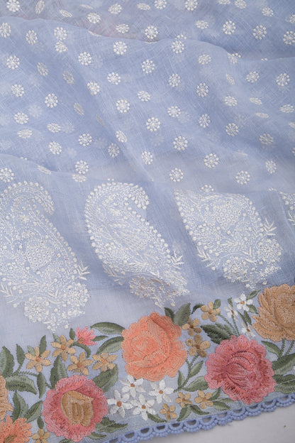 Pure Linen Embroidery Butta Pastel Blue Saree