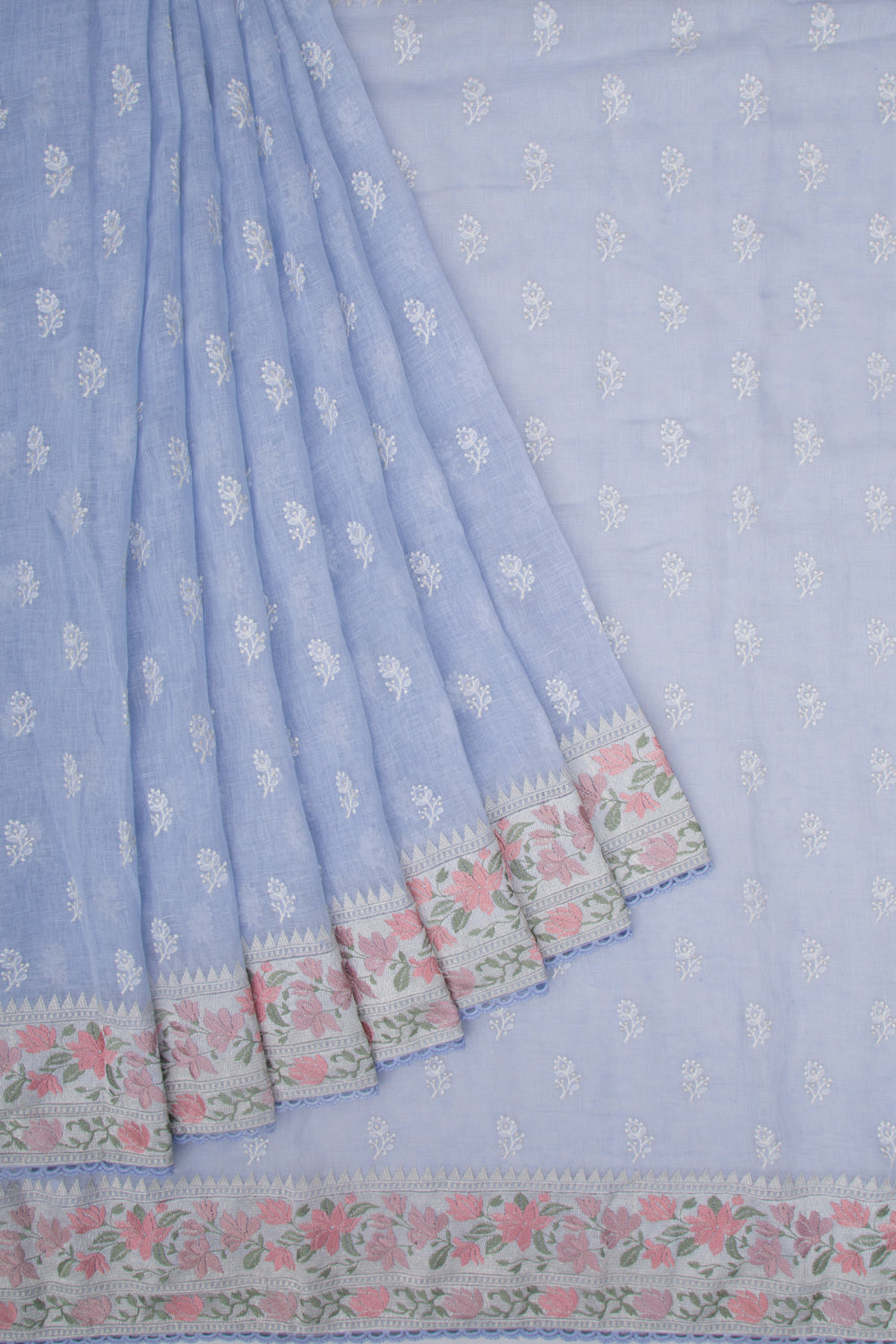 Pure Linen Embroidery Butta Pastel Blue Saree