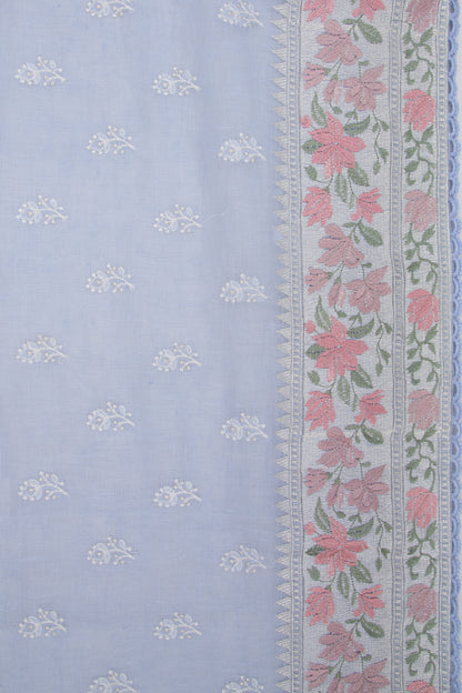 Pure Linen Embroidery Butta Pastel Blue Saree