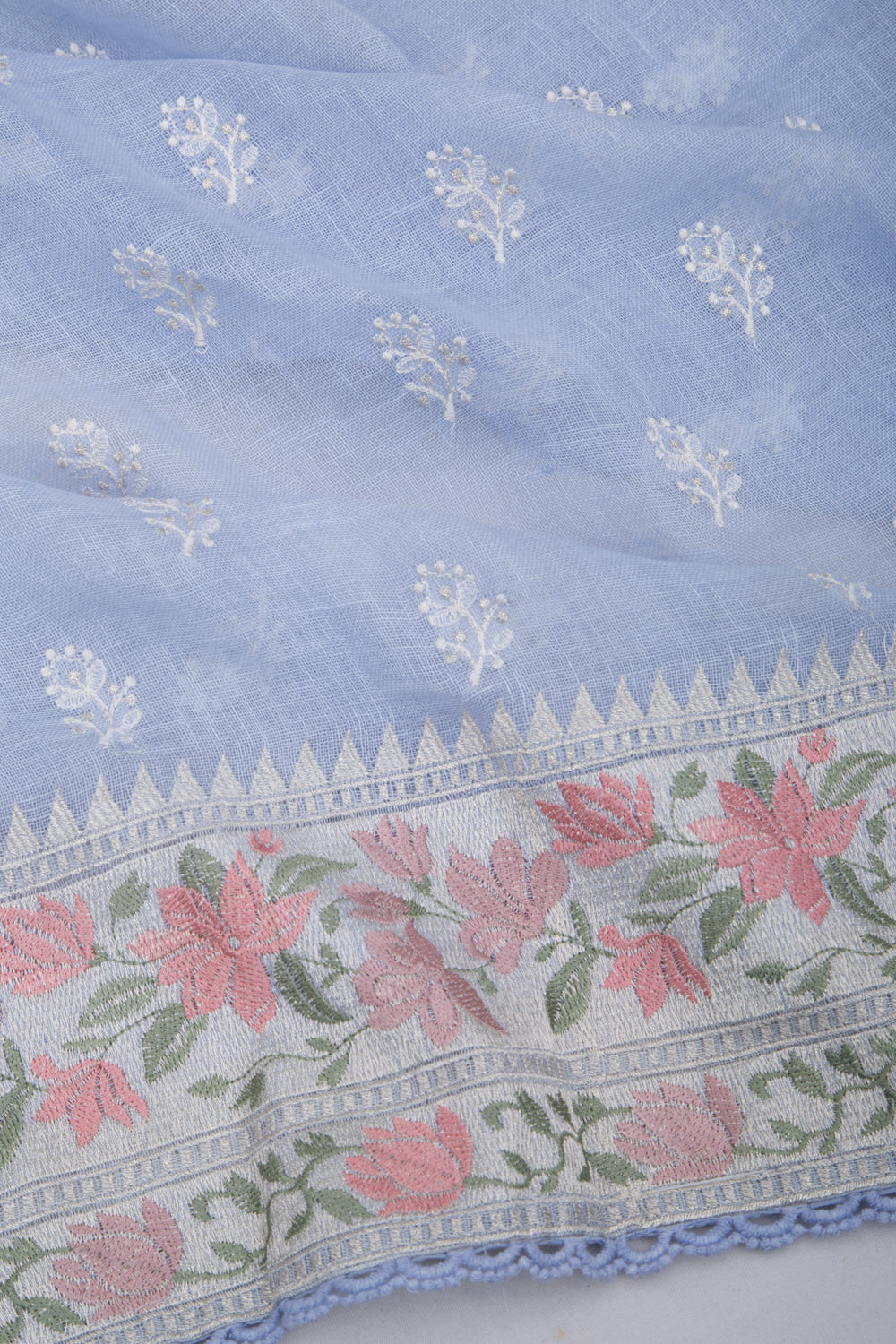 Pure Linen Embroidery Butta Pastel Blue Saree