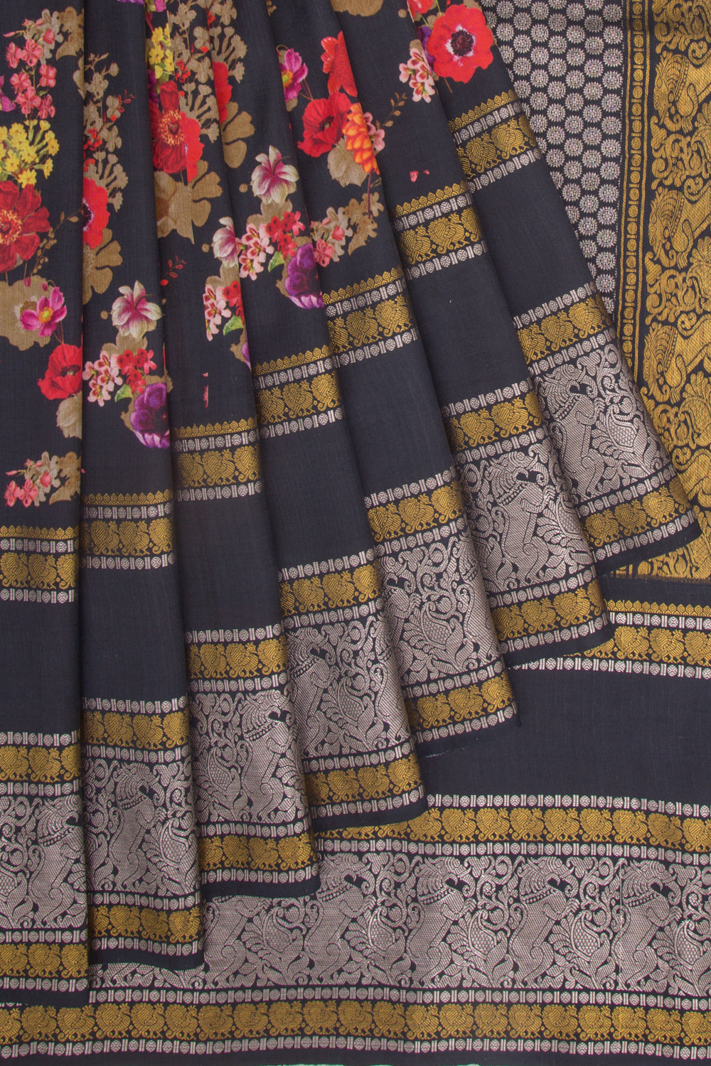Kanchipuram Silk Floral Printed Black Saree