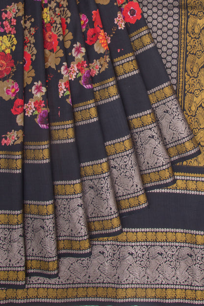 Kanchipuram Silk Floral Printed Black Saree
